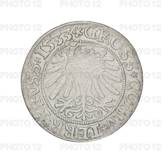 Prussian grosz of Sigismund I the Old (King of Poland; 1506–1548), 1533, Torun, Poland. Obverse: crowned male bust in profile turned to the right; in the rim between the pearl borders an inscription: .SIGIS.I.REX.PO.DO.TOCI.PRVSS. Reverse: the Eagle of Royal Prussia; in the rim between the pearl borders the inscription: .GROSS.COMV.TERR.PRVSS. Features: Polish coins, Jagiellonian dynasty, coats of arms, eagle (coat of arms), royal bust; male bust; coin.