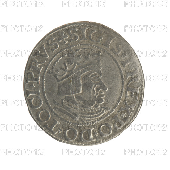 Gdansk grosz, Sigismund I the Old (King of Poland; 1506–1548). Polish coin, Jagiellon dynasty. Obverse: Crowned male royal bust in profile turned to the right; rim between pearl-shaped borders with inscription '.SIGIS.I.REX.PO.DO.TOCI.PRVS'. Reverse: Coat of arms of Gdansk; rim between pearl-shaped borders with inscription '.GROSSVS.CIVIT.DANCZK.1535'. Date: 1535. Place: Gdansk, Poland.