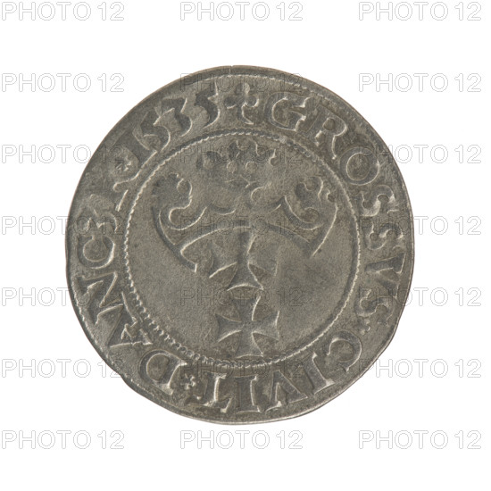Gdansk grosz, Sigismund I the Old (King of Poland; 1506–1548); Polish coin, Jagiellon dynasty. Obverse: Crowned male bust of the king in profile turned to the right; in the rim between pearl-shaped borders an inscription: .SIGIS.I.REX.PO.DO.TOCI.PRVS. Reverse: Coat of arms of Gdansk; in the rim between pearl-shaped borders an inscription: .GROSSVS.CIVIT.DANCZK.1535. Dated 1535; Gdansk, Poland.