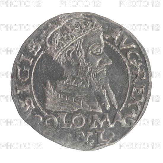 Lithuanian grosz on a Polish foot, Sigismund II Augustus (king of Poland; 1544–1572). Obv.: Crowned male bust in armor facing right, separating an inscription in a half-circle at the top: SIGIS - AVG.REX. At the bottom horizontally in two lines: OLO.MA / XL. Rev.: Lithuanian Pogon (Chase) facing left; below, under the crown dividing the date 15 - 66, a tied monogram composed of the letters SA and the Jastrzebiec coat of arms, which divide an inscription in a circle: ONETA.MAGNI.DVCA.LITVA. 1566. Polish coin, Grand Duchy of Lithuania, Tykocin.