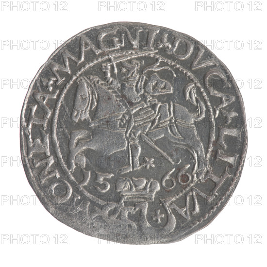 Lithuanian grosz on a Polish foot, Sigismund II Augustus (king of Poland; 1544–1572). Obv.: Crowned male bust in armor facing right, separating an inscription in a half-circle at the top: SIGIS - AVG.REX; at the bottom horizontally in two lines: OLO.MA / XL. Rev.: Lithuanian Chase facing left; below, under the crown dividing the date 15 - 66, a tied monogram composed of the letters SA and the Jastrzebiec coat of arms, which divide an inscription in a circle: ONETA.MAGNI.DVCA.LITVA. 1566. Coats of arms: Pogon (Lithuania); SA monogram; tied monograms; royal bust; male busts. Polish coin, Grand Duchy of Lithuania, Tykocin.