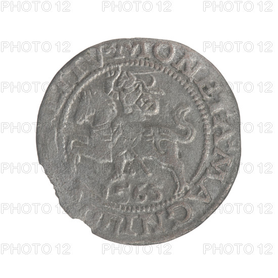 Lithuanian half-grosz, Sigismund II Augustus (King of Poland; 1544–1572); Gabriel Tarlo (ca. 1486–1565) — coats of arms; Jagiellon dynasty; eagles; Polish coin. Obverse: Polish Eagle; in the rim between the pearl borders the inscription: SIGIS.REX.POLO.MDL. Reverse: Lithuanian Pursuit; below the year 1565; in the rim between the pearl borders an inscription divided by the axe coat of arms: MONETA.MAGNI-LITV. Dated 1565. Grand Duchy of Lithuania, Vilnius, Poland.