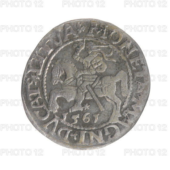 Lithuanian half-grosz, Sigismund II Augustus (King of Poland; 1544–1572). Obverse: Polish eagle; in the rim between pearly borders the inscription '.SIGIS.AVG., O.MAG.DVX.L'. Reverse: Lithuanian Pogon (coat of arms), below the year 1561; in the rim between pearly borders the inscription '.MONE, MAGNI.DVCAT9.LITVA'. 1561. Silver coin from the Grand Duchy of Lithuania, struck in Vilnius.