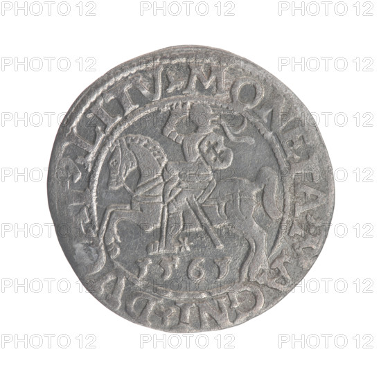 Lithuanian half-grosz, Sigismund II Augustus (King of Poland; 1544–1572). Obverse: Polish Eagle; in the rim between pearly borders the inscription IS.AVG.REX.PO.MAG.DVX.L. Reverse: Lithuanian Pogon; below the year 1561; in the rim between pearly borders the inscription .MO,TA.MAGNI.DV,.LITV. 1561. Coats of arms of the Jagiellons; eagles. Coin from the Grand Duchy of Lithuania/Poland.