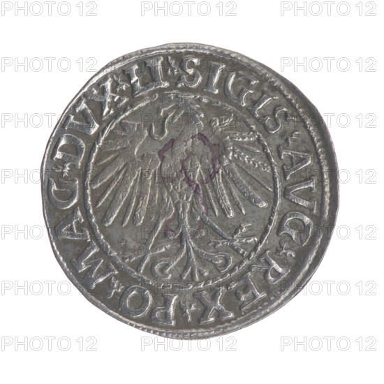 Lithuanian half-grosz, Sigismund II Augustus (King of Poland; 1544–1572). Obv.: Polish Eagle; in the rim between pearly borders an inscription: .SIGIS.AVG.REX.PO.MAG.DVX.LI. Rev.: Lithuanian Pogon; below the year 1547; in the rim between pearly borders an inscription: .MONETA.MAGNI.DVCAT9.LITVA. 1547, Vilnius, Grand Duchy of Lithuania, Poland. Features coat of arms (Jagiellons dynasty), eagles. Coin.