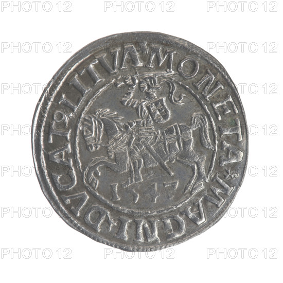 Lithuanian half-grosz, Sigismund II Augustus (King of Poland; 1544–1572). Obverse: Polish eagle; in the rim between pearly borders an inscription: .SIGIS.AVG.REX.PO.MAG.DVX.LI. Reverse: Lithuanian Pogon; below the year 1547; in the rim between pearly borders an inscription: .MONETA.MAGNI.DVCAT9.LITVA. 1547, Vilnius, Grand Duchy of Lithuania, Poland. Coat of arms: Jagiellons dynasty; eagle and Pogon. Polish coin.