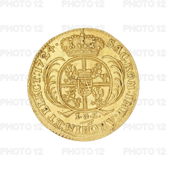 Saxon-Polish ducat, publisher Johann Georg Schomburg (fl. ca. 1737). Augustus II the Strong (King of Poland; 1697–1706, 1709–1733; 1670–1733). Obv.: Bust of Augustus II with a laurel wreath; rim inscription divided at top by an orb: DGFRID:AUG:REX POL:DUX SAX:ICMA & W. Rev.: Under a crown, between palm branches, a shield with the coats of arms of Poland, Lithuania, and Saxony; below the shield the letters IGS and a hook mark; rim inscription divided at top by a crown: SAC:ROM:IMP:ARCHIM:ET ELECT:1724. Date: 1724. Place: Dresden, Saxony. Material: coin. Diameter: 22–22.1 mm. Weight: 3.46 g.