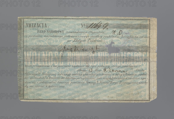 Personal note for 50 Polish zlotys, National Government, receipts, securities, personal receipts, National Government notification, January Uprising (1863–1864), National Government, Kingdom of Poland (1815–1918). On green printed paper. Personal note for 50 Polish zlotys for a one-time national tax no. 11649 for a citizen of the Citizens' Militia dated June 13, 1863. No stamp on the reverse. 1863, Poland. Security, personal note. Size: 116 × 66 mm.