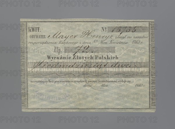 Personal receipt of the National Government, receipts, securities, National Government, personal receipts, January Uprising (1863–1864), Kingdom of Poland (1815–1918), Personal receipt no. 18735 of the National Government issued for 72 zloty in the name of Mayer Henryk on April 8, 1863. Green background with a diagonal white check. 1863, Poland, security, receipt. Dimensions 1.95 mm × 2.67 mm.
