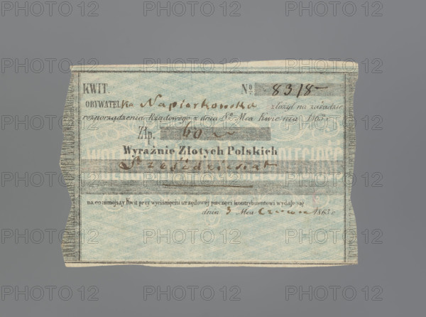 Personal receipt of the National Government, receipts, personal receipt, January Uprising (1863–1864), securities, Kingdom of Poland (1815–1918). Green printed paper with the inscription across the middle: 'FREEDOM EQUALITY INDEPENDENCE.' Inscription: 'KWIT No. 8318 citizen Napiórkowska submitted pursuant to // Government regulation of 8 April 1863, // Zloty 60 // Clearly Polish Zlotys // Sixty. // on 3 June 1863.' On the reverse, an ink seal of the National Government with a bipartite coat of arms. 1863, Poland. Security/receipt. Dimensions: 97.5 mm × 68 mm.