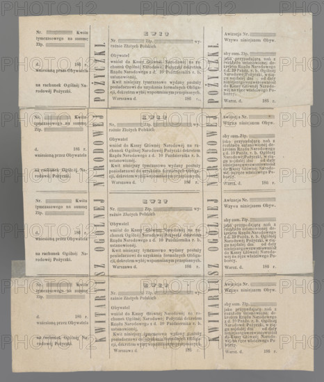 Receipt and advice for a national loan; securities; National Government; January Uprising (1863–1864); National Loan; receipts; Kingdom of Poland (1815–1918). Temporary personal receipt for the General National Loan, used to obtain bonds. Blank form. Warsaw, dated 1866. On the reverse, three ink seals of the National Government. Four receipts joined with adhesive tapes; 1863; Poland; security; receipt. Dimensions: 1,205 mm and 2,243 mm.