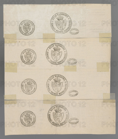 Temporary personal receipt for the General National Loan, used to obtain bonds; blank form. Receipt and advice for a national loan, securities; National Government, January Uprising (1863–1864); National Loan, receipts; Kingdom of Poland (1815–1918). Warsaw, dated 1866. On the reverse, three ink seals of the National Government. Four receipts joined with adhesive tapes. Dimensions: 1,205 mm and 2,243 mm.