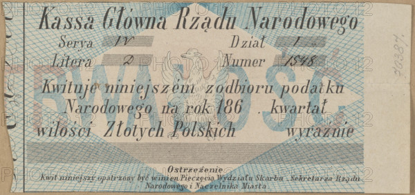 National tax receipt from the Main Cash Register of the National Government: bearer receipt, series IV, section 1, letter D, no. 1548 for National Tax. Blank receipt without the seal of the National Government. Blue and pink print; dated 1863, Kingdom of Poland (January Uprising period, 1863–1864). Medium: securities/receipt. Dimensions: 1,139 mm × 2.65 mm.