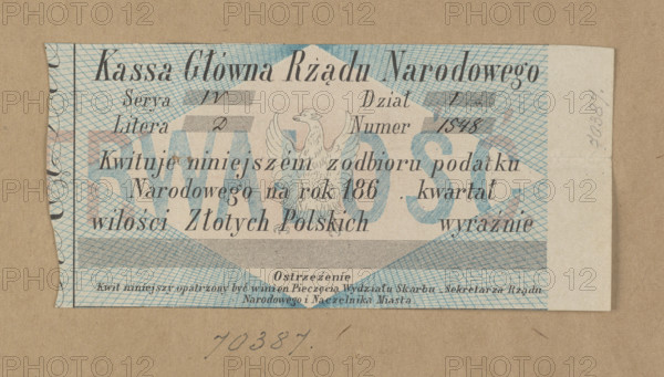 National tax receipt from the Main Cash Register of the National Government for National Tax, bearer receipt, series IV, section 1, letter D, no. 1548. Blank receipt without the seal of the National Government. Blue and pink print; 1863, Kingdom of Poland (January Uprising, 1863–1864). Dimensions: 1,139 mm × 2.65 mm.