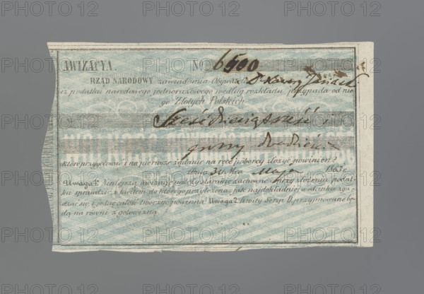 Personal notice of national tax issued by the Governor of the City of Warsaw, National Government, concerning securities and a national tax during the January Uprising (1863–1864). Notice of the National Government for the Kingdom of Poland (1815–1918); receipt/notice (without receipt) no. 6500 ordering resident Xawery Jasinski to pay a one-off national tax of 66.20 zloty to the collector on May 30. On the reverse: stamp reading 'NATIONAL GOVERNMENT, HEAD OF THE CITY OF WARSAW.', 1863, Warsaw, Poland. Security/receipt; dimensions 116 × 67 mm.