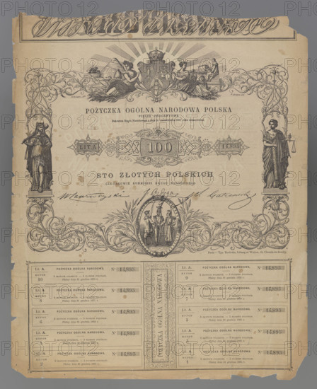 General National Loan Poland 5%, National Government, National Government, securities, National Loan, January Uprising (1863–1864), Kingdom of Poland (1815–1918). Inscription: GENERAL NATIONAL LOAN POLAND // FIVE PERCENT // By the Decree of the National Government of October 10, 1863, established // Lit. A - 100 - 14,895 // ONE HUNDRED POLISH ZLOTY // MEMBERS OF THE NATIONAL DEBT COMMITTEE // J. Otreba W. Czartoryski, S. Galezowski. Two dry impressions of the seal of the National Government with the tripartite coat of arms under the crown. Reverse: EXTRACT FROM THE DECREE OF THE NATIONAL GOVERNMENT, facta pagina in French. On the reverse of the coupon sheet, two signatures: August Chwalinski. Ten numbered coupons for 5 zloty with the loan number 14,895, 1863. Dimensions: 1,265 mm; 2,330 mm.