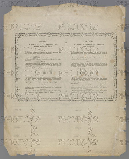 General National Loan Poland 5%, National Government, National Government, securities, National Loan, January Uprising (1863–1864), Kingdom of Poland (1815–1918). Text: GENERAL NATIONAL LOAN POLAND // FIVE PERCENT // By the Decree of the National Government of October 10, 1863, established // Lit. A - 100 - 14,895 // ONE HUNDRED POLISH ZLOTY // MEMBERS OF THE NATIONAL DEBT COMMITTEE // J. Otreba W. Czartoryski, S. Galezowski. Two dry impressions of the seal of the National Government with the tripartite coat of arms under the crown. On the reverse: EXTRACT FROM THE DECREE OF THE NATIONAL GOVERNMENT, facta pagina in French. On the reverse of the coupon sheet, two signatures: August Chwalinski. 10 numbered coupons for 5 zloty with the loan number 14,895, 1863, Poland, security. Dimensions: 1,265 mm; 2,330 mm.