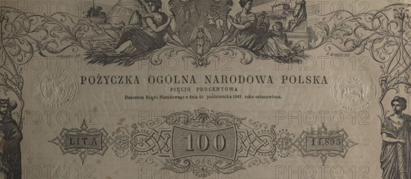 General National Loan Poland 5% bond, National Government, 1863. Securities for a five percent national loan issued by decree of the National Government of October 10, 1863; denomination ONE HUNDRED POLISH ZLOTY; loan number 14,895. Inscribed: 'GENERAL NATIONAL LOAN POLAND // FIVE PERCENT // By the Decree of the National Government of October 10, 1863, established // Lit. A - 100 - 14,895 // ONE HUNDRED POLISH ZLOTY // MEMBERS OF THE NATIONAL DEBT COMMITTEE // J. Otreba W. Czartoryski, S. Galezowski.' Two dry impressions of the seal of the National Government with the tripartite coat of arms under the crown. Reverse: extract from the decree in French; on the reverse of the coupon sheet two signatures including August Chwalinski. Includes 10 numbered coupons for 5 zloty. Related to the National Loan and the January Uprising (1863–1864) in the Kingdom of Poland (1815–1918). Dimensions: 1,265 mm and 2,330 mm.