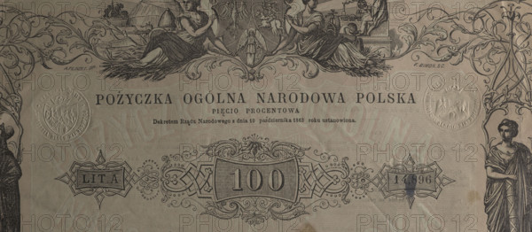 General National Loan Poland 5% security, National Government, National Loan, January Uprising (1863–1864), Kingdom of Poland (1815–1918). Text: GENERAL NATIONAL LOAN POLAND // FIVE PERCENT // By the Decree of the National Government of October 10, 1863, established // Lit. A - 100 - 14,896 // ONE HUNDRED POLISH ZLOTY // MEMBERS OF THE NATIONAL DEBT COMMITTEE // J. Otreba W. Czartoryski, S. Galezowski. Two dry impressions of the seal of the National Government with the tripartite coat of arms under the crown. On the reverse: EXTRACT FROM THE DECREE OF THE NATIONAL GOVERNMENT, with a line in French. On the reverse of the coupon sheet, two signatures: August Chwalinski. Includes 10 numbered coupons for 5 zloty with the loan number 14,896, 1863. Dimensions: 1,265 mm × 2,330 mm.