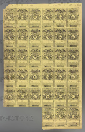 Sola bill of exchange for 25 kopecks. One-sided sheet with 33 bills of exchange to the bearer for 25 kopecks in silver. Inscription: 'For this my // SOLA - BILL OF EXCHANGE // I WILL PAY TO THE BEARER // KOPIECES // TWENTY-FIVE // at any time only in Bank Rubles.' Yellow paper, black printing. 1863. Poland. Security (bill of exchange). Dimensions: 314 mm × 500 mm. Categories: National Government; securities; January Uprising (1863–1864); bills of exchange; Kingdom of Poland (1815–1918)., A large sheet of yellowed rectangular paper printed with a grid of small rectangular labels, arranged in rows and columns, with one column extending lower than the others creating a stepped edge; each label contains ornate circular and oval decorative elements and patterned borders in dark ink, with a prominent circular medallion near the center of each label and scalloped decorative bands below; the sheet shows signs of age including slight creases, small tears at the top left corner, and minor smudgi...