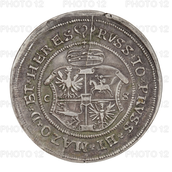 Majnert's forgery of the crown thaler, Sigismund I the Old (King of Poland; 1506–1548), Majnert, Gotfryd (1767–1846), Potocki, Andrzej (1861–1908), eagles, talons, crowns, coats of arms. Obv.: bust of Sigismund I in a bonnet and crown facing right; in the rim, an inscription divided by coats of arms: SIGISM P REX PO LONIE MD LITHV 15 35. Reverse: under the crown, a five-field coat of arms with the arms of Poland, Lithuania, Royal Prussia, Ruthenia and Austria. 1535. Poland. Coin. Diameter 42.0 mm; weight 26.77 g., A circular metal coin with a worn surface showing a central shield divided into sections containing heraldic animals and a small mounted figure, topped by a crown; the coin edge has raised beading and an outer band with raised characters around the perimeter; the metal shows areas of silver-gray, darker gray tarnish, and subtle greenish patina, with hairline cracks and dents along the rim.