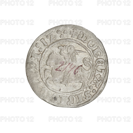 Lithuanian half-grosz, Sigismund I the Old (king of Poland; 1506–1548). Obverse: Pogon turned left; in the rim between pearl borders an inscription: + COIN:SIGIS, I:1Z:. Reverse: Polish crowned eagle; in the rim between pearl borders an inscription: + MAGNI:DVCIS:LITVANIE:. Dated 1512. Grand Duchy of Lithuania, Vilnius. Coin; silver; diameter ~19.8–20.0 mm; weight 1.10 g. R6 (rarity). Coats of arms: Eagle, Pogon. Jagiellon dynasty.
