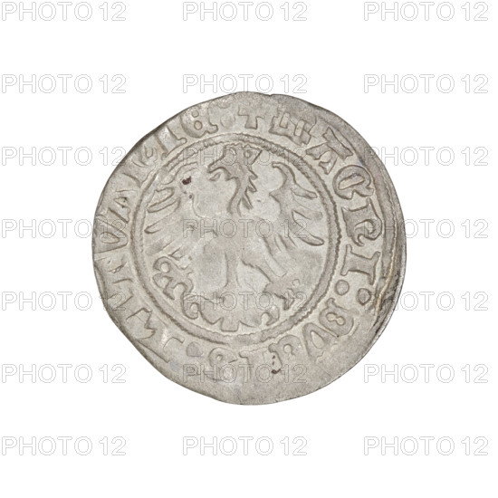 Lithuanian half-grosz of Sigismund I the Old (king of Poland, 1506–1548), R6 rarity. Obverse: Pogon (Lithuanian coat of arms) turned left; in the rim between pearl borders an inscription: + COIN:SIGIS, I:1Z:. Reverse: crowned Polish Eagle; in the rim between pearly borders an inscription: + MAGNI:DVCIS:LITVANIE:. Dated 1512. Grand Duchy of Lithuania, Vilnius. Coin; diameter ~19.8–20.0 mm, weight 1.10–1.1 g.