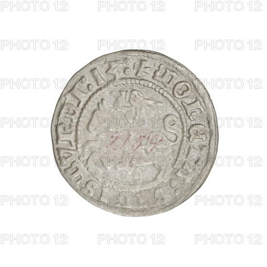 Lithuanian half-grosz, Sigismund I the Old (king of Poland; 1506–1548). R6 (rarity). Obverse: Pogon (mounted knight) turned left; in the rim between pearl borders an inscription: + COIN:SIGISMVNDI:13:. Reverse: Polish crowned Eagle; in the rim between pearly borders the inscription: + MAGNI:DVCIS:LITVANIE:. Dated 1513. Grand Duchy of Lithuania, Vilnius. Coin; diameter ~19.7–20.0 mm; weight 1.12 g.