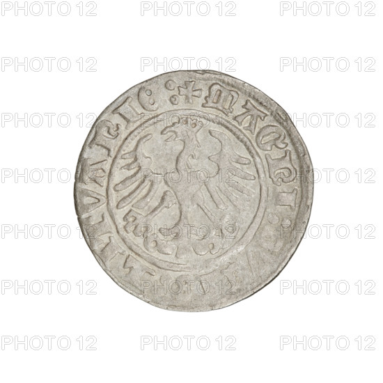 Lithuanian half-grosz, Sigismund I the Old (king of Poland; 1506–1548). Obverse: Pogon turned left; in rim between pearl borders inscription: + COIN:SIGISMVNDI:13:. Reverse: Polish crowned Eagle; in rim between pearly borders inscription: + MAGNI:DVCIS:LITVANIE:. 1513. Grand Duchy of Lithuania, Vilnius. Coin; silver; diameter ~19.7–20.0 mm; weight 1.12 g. Attributes: eagles, Pogon (coat of arms), coats of arms; Jagiellon dynasty.