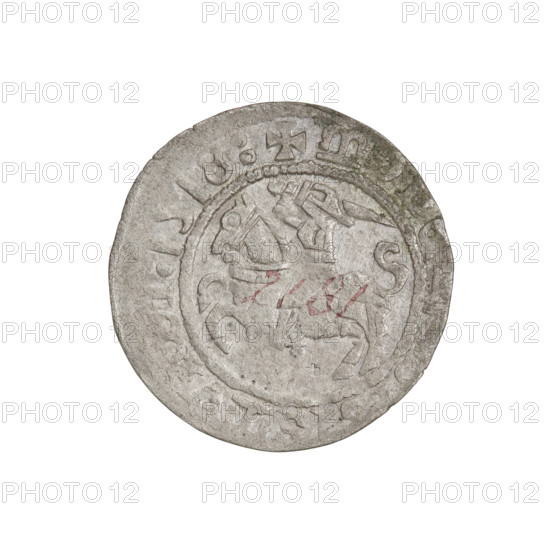 Lithuanian half-grosz, Sigismund I the Old (King of Poland; 1506–1548), R6 (rarity), eagles, Polish coins, Jagiellons (dynasty), Eagle (coat of arms), Pogon (coat of arms; Lithuania), coats of arms. Obv.: Pogon turned left; in the rim between pearl borders an inscription: + M, ISMV, 1518. Rev.: Polish Eagle with a crown; in the rim between pearl borders an inscription: + MAGNI:DVCIS:LITVANIE:. 1518. Grand Duchy of Lithuania, Vilnius, Poland. Coin; weight 1.19 g; diameter 19.7–20.2 mm.