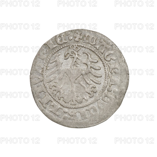 Half-grosz of Sigismund I the Old (King of Poland, 1506–1548), 1518. Obverse: Pogon (Lithuanian coat of arms) turned left; in rim between pearl borders an inscription: + M, ISMV, 1518. Reverse: Polish crowned eagle; in rim between pearl borders an inscription: + MAGNI:DVCIS:LITVANIE:. Grand Duchy of Lithuania, Vilnius. Coin; weight 1.19 g; diameter approx. 19.7–20.2 mm. R6 (rarity); Potocki-Pilawa and Potocki, Andrzej mentioned.