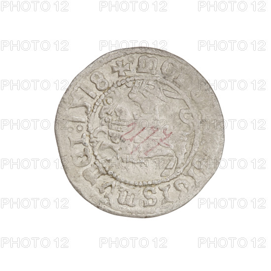 Lithuanian half-grosz of Sigismund I the Old (king of Poland, 1506–1548), 1518. Obverse: Pogon (Lithuanian coat of arms) turned left; in the rim between pearl borders an inscription: + M, NI:DVCI, ITVANI. Features eagles, Jagiellon dynasty coats of arms. Grand Duchy of Lithuania, Vilnius. Coin; diameter ~19.6–20.0 mm, weight 1.17 g; rarity R6.