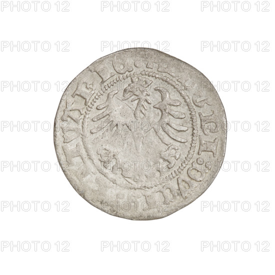Lithuanian half-grosz of Sigismund I the Old (king of Poland; 1506–1548), 1518. R6 (rarity). Obverse: Pogon (Lithuanian coat of arms) turned left; in the rim between pearl borders an inscription: + M, NI:DVCI, ITVANI. Features eagles, Jagiellon dynasty coats of arms. Grand Duchy of Lithuania, Vilnius. Coin; weight 1.17 g; diameter ~19.6–20.0 mm.