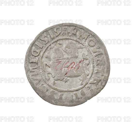 Lithuanian half-grosz, Sigismund I the Old (king of Poland; 1506–1548). R6 (rarity). Obv.: Pogon (Lithuanian coat of arms) turned left; in the rim between pearl borders an inscription: + MO, ETA:, V, ID1519:. Rev.: Polish Eagle with a crown; in the rim between pearly borders an inscription: + MAGNI:DVCIS:LITVA, .:, 1519. Grand Duchy of Lithuania, Vilnius, Poland. Coin; weight 1.14 g; diameter ~19.8–20.3 mm.