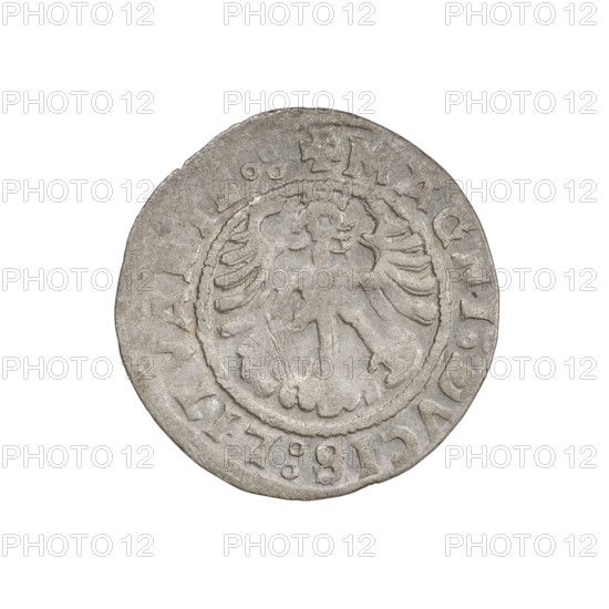 Lithuanian half-grosz, Sigismund I the Old (king of Poland; 1506–1548), R6 (rarity). Obverse: Pogon (Lithuanian coat of arms) turned left; in the rim between pearl borders an inscription: + MO, ETA:, V, ID1519:. Reverse: Polish crowned eagle; in the rim between pearl borders an inscription: + MAGNI:DVCIS:LITVA, .:, 1519. Grand Duchy of Lithuania, Vilnius, Poland. Coin; weight 1.14 g; diameter ca. 19.8–20.3 mm. Coats of arms: Eagle, Pogon. Jagiellon dynasty.