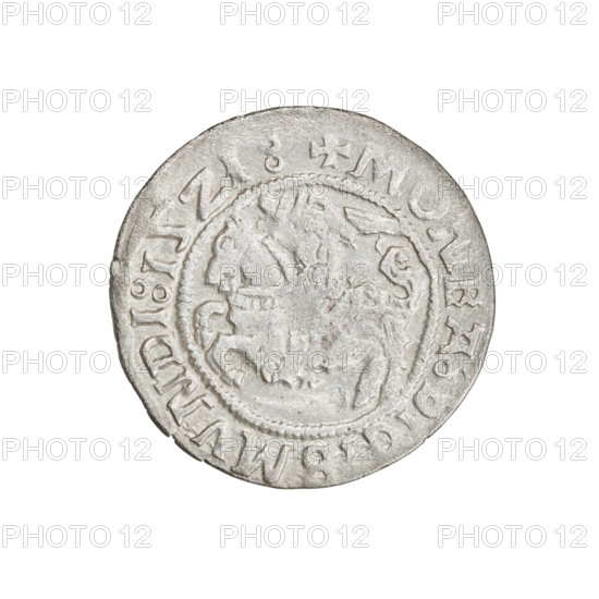 Lithuanian half-grosz, Sigismund I the Old (king of Poland; 1506–1548). Obverse: Pogon (Lithuanian coat of arms) turned left; in the rim between pearl borders an inscription: + MONEA:SIGISMVNDI:15Z1:. Reverse: Polish crowned eagle; in the rim between the pearl borders the inscription: + MAGNI:DVCIS:LITVANIE:. 1521. Grand Duchy of Lithuania, Vilnius. Coin; diameter ~20.0–20.4 mm; weight 1.12 g. R6 (rarity); eagles; Jagiellon dynasty; coats of arms.