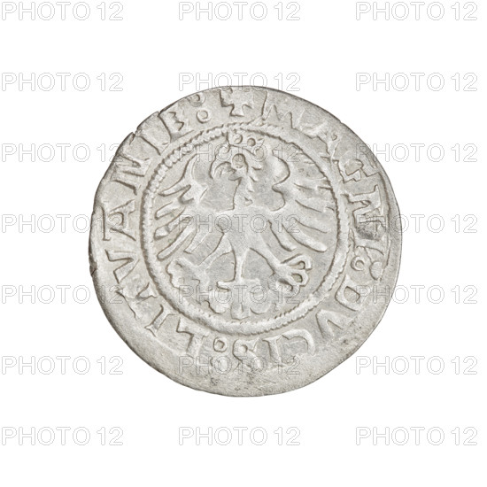 Lithuanian half-grosz, Sigismund I the Old (king of Poland; 1506–1548). Obverse: Pogon (Lithuanian coat of arms) turned left; in the rim between pearl borders an inscription: + MONEA:SIGISMVNDI:15Z1:. Reverse: Polish crowned eagle; in the rim between the pearl borders the inscription: + MAGNI:DVCIS:LITVANIE:. Dated 1521. Grand Duchy of Lithuania, Vilnius. Coin; silver; weight 1.12 g; diameter ~20.0–20.4 mm. R6 (rarity).