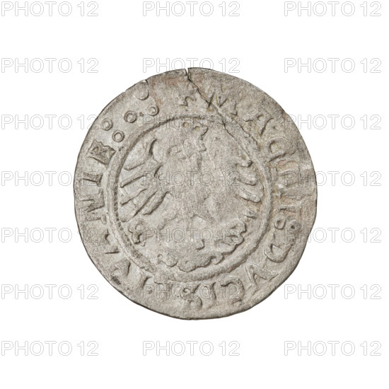 Lithuanian half-grosz, Sigismund I the Old (king of Poland; 1506–1548). Obverse: Pogon (Lithuanian coat of arms) turned left; in the rim between pearl borders an inscription: + MONE, A:, IGISMV, DI:15Z3. Reverse: Polish crowned eagle; in the rim between the pearl borders the inscription: + MAG, I:DVCISL.IVANIE:.:, 1523. Grand Duchy of Lithuania, Vilnius, Poland. Coin; weight 1.15 g; diameter ~19.8–20.3 mm. R6 (rarity); eagles; Jagiellon dynasty; coats of arms.