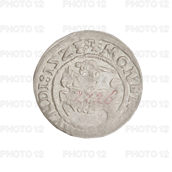 Lithuanian half-grosz, Sigismund I the Old (king of Poland; 1506–1548). R6 (rarity). Obverse: Pogon (Lithuanian coat of arms) turned left; in the rim between pearl borders an inscription: + COIN, VNDI:15Z3:. Reverse: Polish crowned eagle; in the rim between pearl borders an inscription: + MAGNI, CIS:LI, NIE, 1523. Grand Duchy of Lithuania, Vilnius. Coin; weight 1.20 g; diameter c. 19.8–20.0 mm.