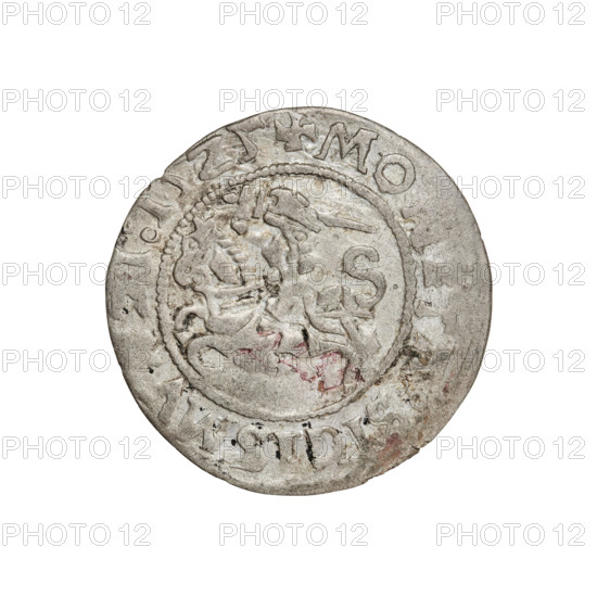 Lithuanian half-grosz, Sigismund I the Old (King of Poland; 1506–1548). Obverse: Pogon (Lithuanian coat of arms) turned left; in rim between pearly borders inscription: + MON, TA:SIGISMV, I:15Z5. Reverse: Polish crowned Eagle; in rim between pearly borders inscription: +, AG, :DV, I, LITVANIE, 1525. Grand Duchy of Lithuania, Vilnius. Coin; weight 1.07 g; diameter ~20.0–20.4 mm. Style: Jagiellon dynasty; motifs: Eagle, Pogon; coats of arms; eagles; Polish coin. Rarity: R6.