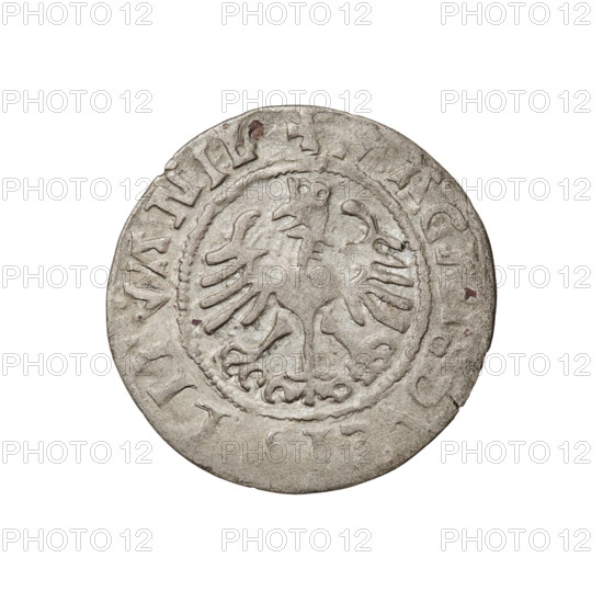 Lithuanian half-grosz, Sigismund I the Old (King of Poland; 1506–1548). Obv.: Pogon (Lithuanian coat of arms) turned left; in the rim between pearly borders an inscription: + MON, TA:SIGISMV, I:15Z5. Rev.: Polish crowned Eagle; in the rim between pearly borders an inscription: +, AG, :DV, I, LITVANIE, 1525. Grand Duchy of Lithuania, Vilnius, Poland. Coin, weight 1.07 g, diameter ~20.0–20.4 mm. R6 (rarity). Coats of arms: Eagle, Pogon; Jagiellon dynasty.