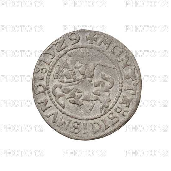 Lithuanian half-grosz, Sigismund I the Old (King of Poland; 1506–1548). Obverse: Pogon (Lithuanian coat of arms) turned left; in rim between pearl borders inscription '+ MON.TA:SIGISMVNDI:15Z9'. Reverse: Polish crowned Eagle; in rim between pearl borders inscription '+ MAGNI:DVCIS:LITVANIE'. 1529. Grand Duchy of Lithuania, Vilnius. Coin; diameter ~20.0–20.5 mm; weight 1.12 g. R6 (rarity).