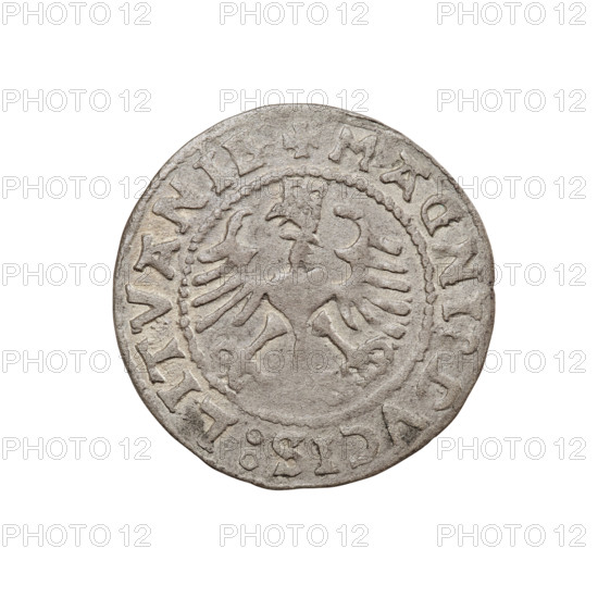 Lithuanian half-grosz, Sigismund I the Old (King of Poland; 1506–1548). Obverse: Pogon (Lithuanian coat of arms) turned left; inscribed in rim between pearl borders: + MON TA:SIGISMVNDI:15Z9. Reverse: Polish crowned Eagle; inscribed in rim between pearl borders: + MAGNI:DVCIS:LITVANIE. Dated 1529. Grand Duchy of Lithuania, Vilnius. Coin; weight 1.12 g; diameter ~20.0–20.5 mm. Rarity: R6.