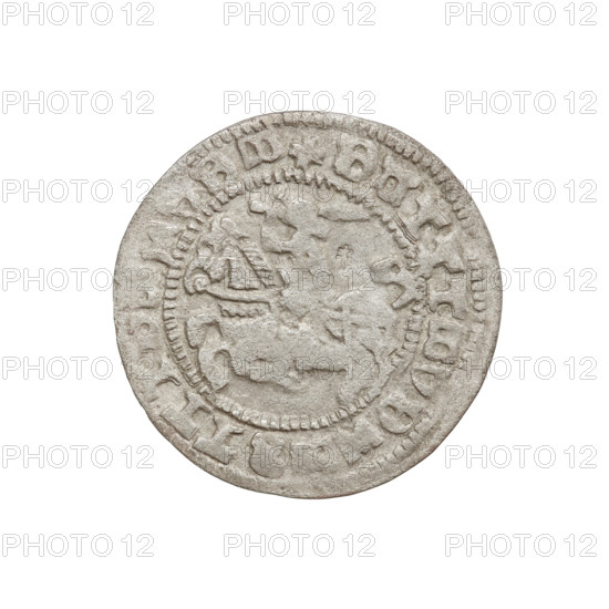 Lithuanian half-grosz (period forgery) after Sigismund I the Old (King of Poland; 1506–1548). Period forgery of an original dated 1508–1529. Medium: counterfeit coin of the Grand Duchy of Lithuania (Vilnius), Poland. Obverse: Pogon turned left; in the rim between pearls a pseudo-legend. Reverse: Polish crowned eagle; in the rim between pearls a pseudo-legend. Motifs: eagles, coats of arms (Pogon, Eagle), Jagiellon dynasty. Measurements: diameter ~20.0–20.2 mm; weight 1.04 g. Rarity: R6.