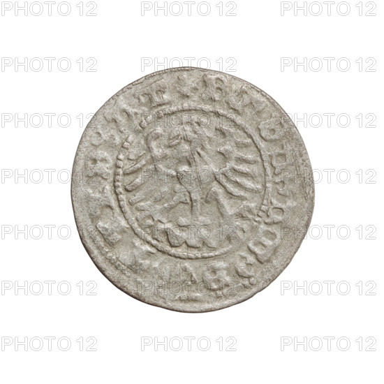 Lithuanian half-grosz (period forgery), Sigismund I the Old (King of Poland; 1506–1548) — for the original. R6 (rarity). Themes: eagles, Polish coins, period forgeries, Jagiellons (dynasty), Eagle (coat of arms), Pogon (coat of arms; Lithuania), coats of arms. Obverse: Pogon turned left, in the rim between pearls a pseudo-legend. Reverse: Polish Eagle with a crown, in the rim between pearls a pseudo-legend. Date for the original: 1508–1529. Origin: Grand Duchy of Lithuania, Vilnius (for original); Poland. Object type: coin, counterfeit. Measurements: diameter 20.0–20.2 mm, weight 1.04 g.