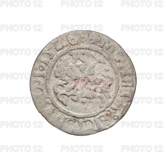 Lithuanian half-grosz, Sigismund I the Old (king of Poland; 1506–1548). Obv.: Pogon turned to the left; in the rim between pearl borders an inscription: + COIN:SIGI, DI:15Z6:. Rev.: Polish Eagle with a crown; in the rim between pearly borders an inscription: + MAGNI, VCIS:LITVA, 1526. Grand Duchy of Lithuania (Vilnius). Coin, weight 0.97 g; diameter ~20.0–20.3 mm. Coats of arms: Pogon (Lithuania) and Eagle (Poland). R8 (rarity).