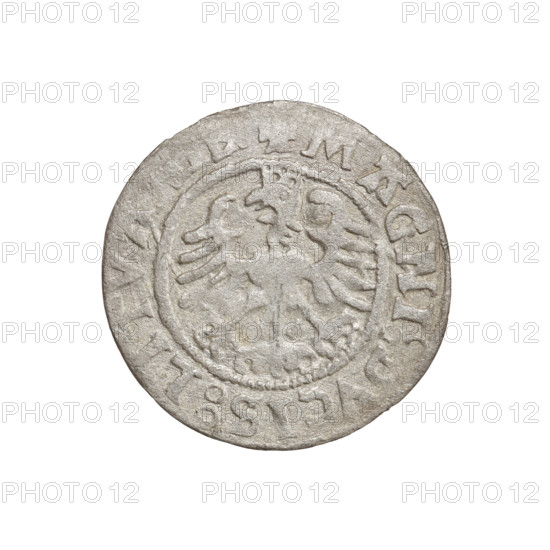 Lithuanian half-grosz, Sigismund I the Old (king of Poland; 1506–1548). Obverse: Pogon (Lithuanian coat of arms) turned to the left; in the rim between pearl borders an inscription: + COIN:SIGI, DI:15Z6:. Reverse: Polish crowned Eagle; in the rim between pearly borders an inscription: + MAGNI, VCIS:LITVA, 1526. Grand Duchy of Lithuania, Vilnius. Coin; silver; diameter ~20.0–20.3 mm; weight 0.97 g. Coats of arms: Eagle, Pogon. R8 (rarity).