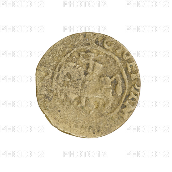 Lithuanian half-grosz (period forgery) imitating Sigismund I the Old (King of Poland; 1506–1548). Period forgery of an original dated 1508–1529. Obverse: Pogon (Lithuanian coat of arms) turned left; in the rim between pearls a pseudo-legend. Reverse: Polish Eagle with a crown; in the rim between pearls a pseudo-legend. Attributes: eagles, coats of arms, Jagiellon dynasty; Grand Duchy of Lithuania, Vilnius; Poland. Coin (counterfeit). Measurements: diameter ~19.1–19.4 mm, weight 0.89 g. R8 (rarity).