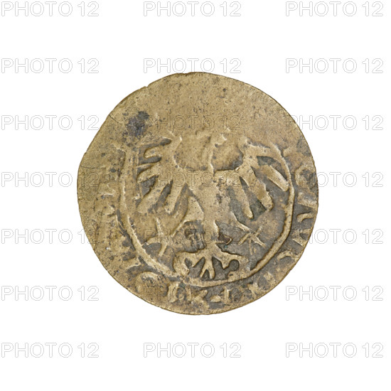 Lithuanian half-grosz (period forgery), Sigismund I the Old (King of Poland; 1506–1548) (for the original); R8 (rarity); eagles; Polish coins; period forgeries; Jagiellons (dynasty); Eagle (coat of arms); Pogon (coat of arms; Lithuania); coats of arms. Obv.: Pogon turned left, in the rim between pearls a pseudo-legend. Rev.: Polish Eagle with a crown, in the rim between pearls a pseudo-legend. Date for original: 1508–1529. Grand Duchy of Lithuania, Vilnius (for original), Poland. Coin, counterfeit. Weight: 0.89 g. Diameter: 19.1–19.4 mm.