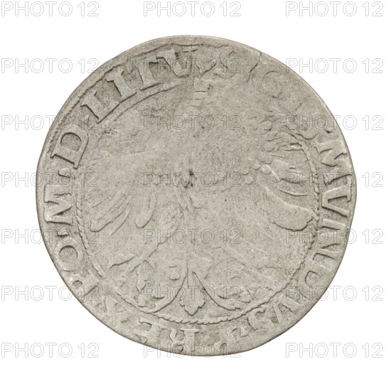 Lithuanian grosz, Sigismund I the Old (King of Poland; 1506–1548). Obverse: Polish crowned eagle; rim inscription between pearl-shaped borders: SIGISMVNDVS.P.REX.PO.MDLITV. Reverse: Pogon (Lithuanian knight) turned left, below year 15-35 (1535), rim inscription between pearl-shaped borders divided at the bottom by a shield with coat of arms; columns: MON, TA.MAGNI-D, TVS.LI, 1535. Polish–Lithuanian Commonwealth (Kingdom of Poland, Grand Duchy of Lithuania), struck in Vilnius. Coin; diameter ~25.5–26.2 mm; weight 2.25 g; R8 (rarity)., A worn circular metallic coin with a mostly gray surface showing a slightly darker gray patina in places, faint raised relief of an eagle with spread wings at the center, a surrounding circular border with worn raised elements and decorative curved leaf-like shapes near the bottom, and areas of subtle shadow and light giving the surface a textured, aged appearance.
